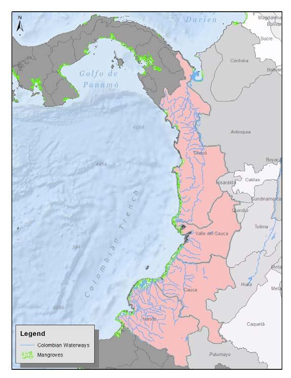 height of the mangroves camouflages semi-submersible operations. The following map (Figure 15) shows how mangrove vegetation extends from Ecuador to Panama.