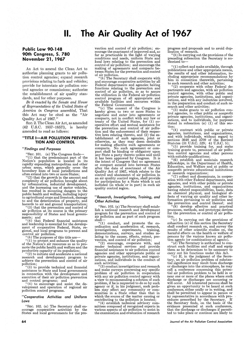 II. The Air Quality Act of 1967 Public Law 90-148 90th Congress, S.