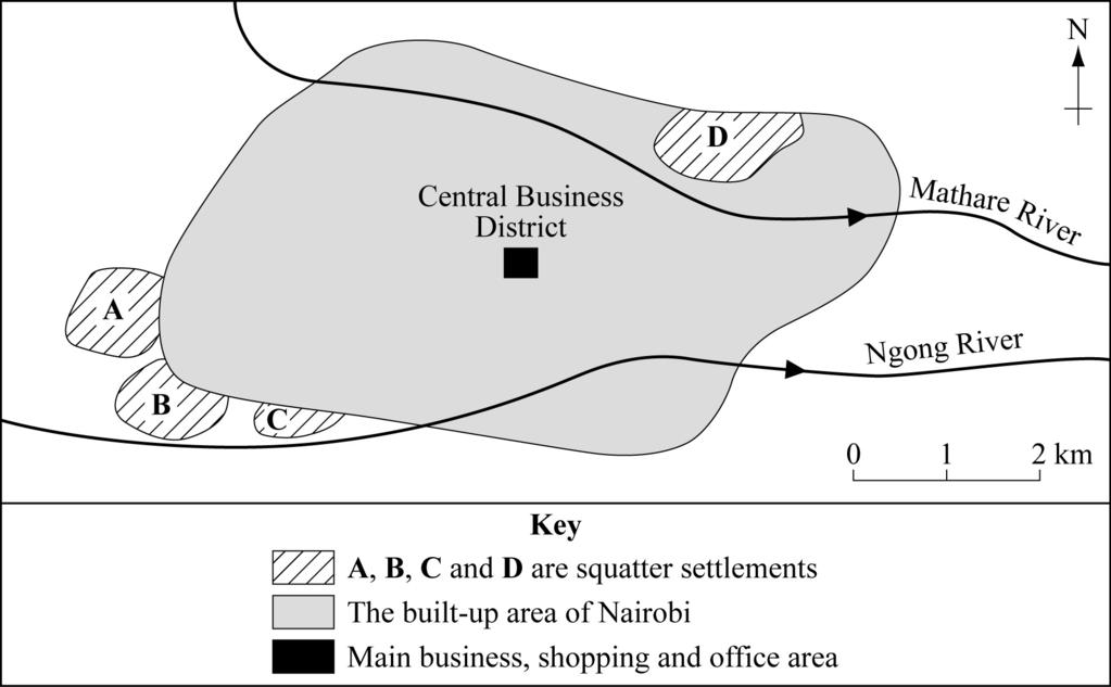 11 2 (b) Study Figure 5 which shows the position of squatter settlements in the city of Nairobi in Kenya, a poor country in Africa.