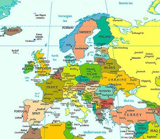 Political map of Europe Europe is the planet's 6th largest continent AND includes 47 countries and assorted dependencies, islands and territories.
