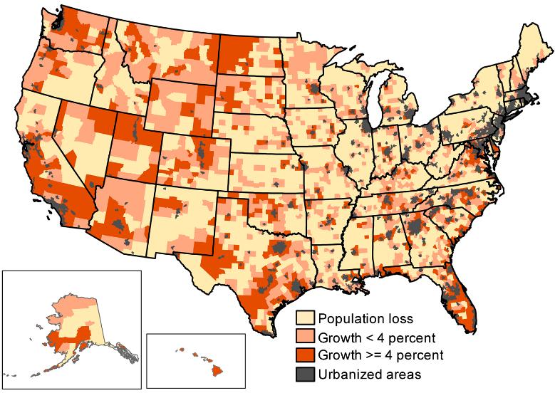 Figure 8. Population Change, 2010-2015. Source: USDA, Economic Research Service using data from U.S. Census Bureau. Graphic originally appeared: https://www.ers.usda.