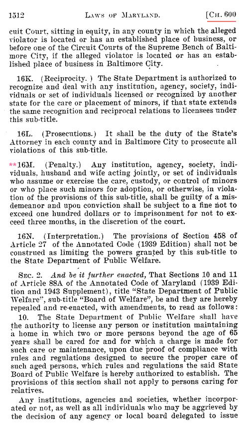 The first session law, cited following The Bluebook as 1947 Md. Laws Ch.