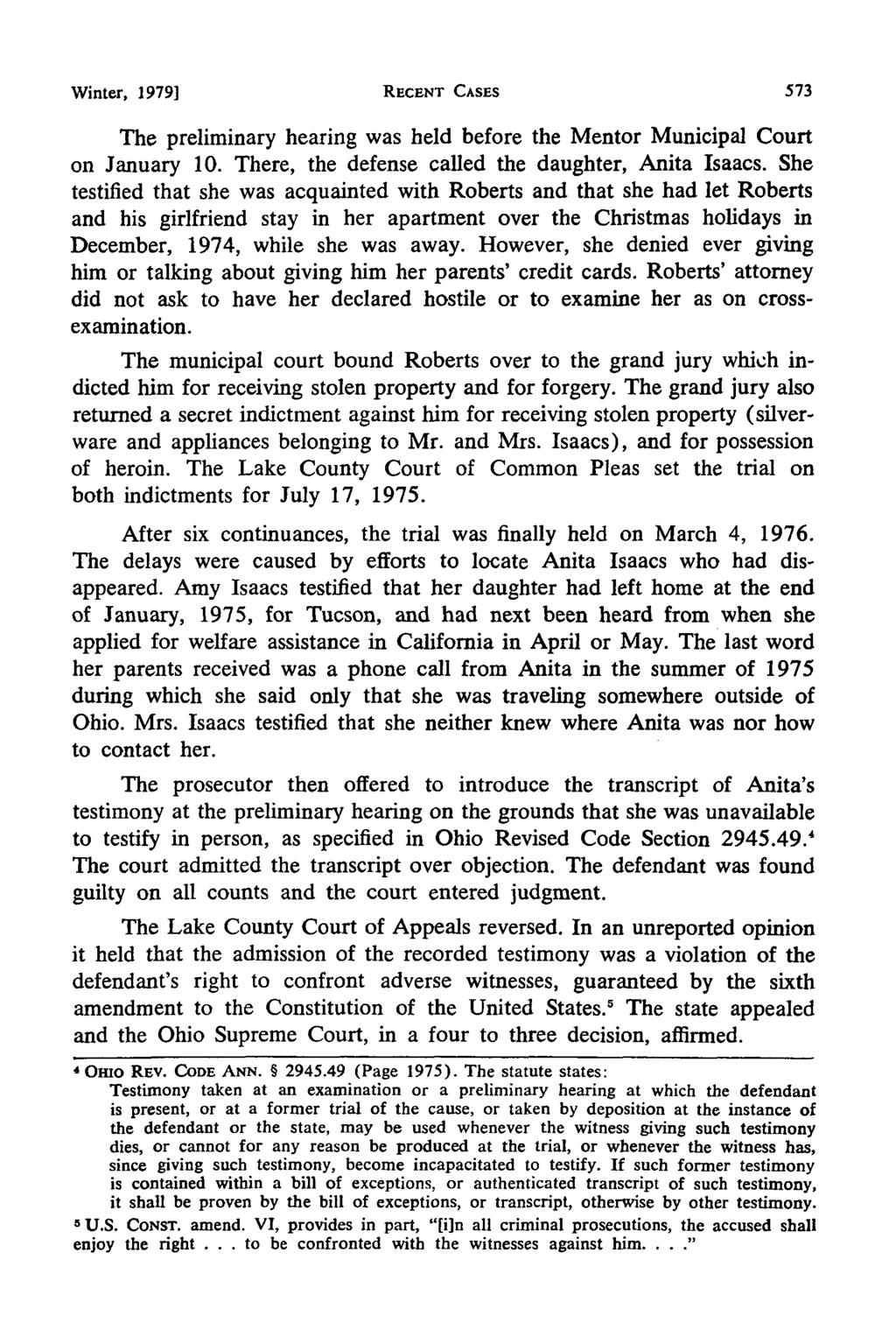 Akron Law Review, Vol. 12 [1979], Iss. 3, Art. 7 Winter, 1979] RECENT CASES The preliminary hearing was held before the Mentor Municipal Court on January 10.