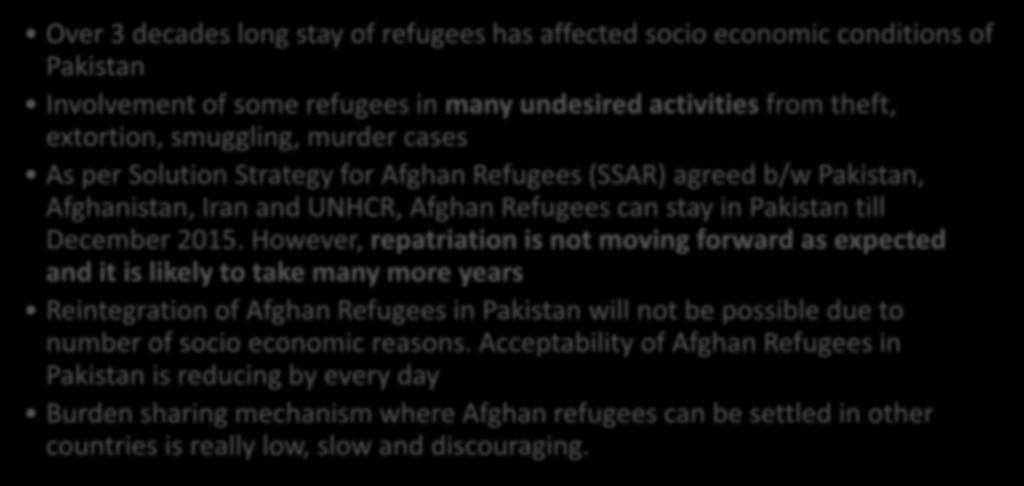 Major Concerns Socio Economic Over 3 decades long stay of refugees has affected socio economic conditions of Pakistan Involvement of some refugees in many undesired activities from theft, extortion,
