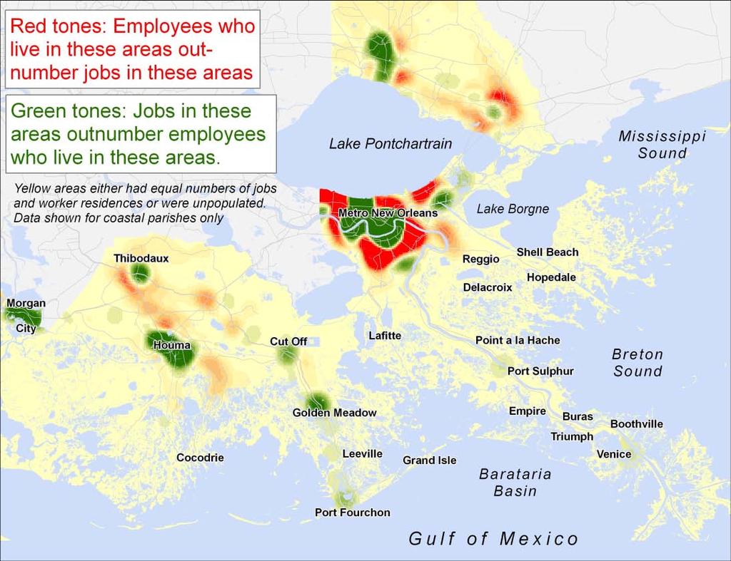 Map 5. Coastal areas as job generators, 2008 Map 5 above represents the density of where employed people lived in 2008 compared to where their jobs were located.