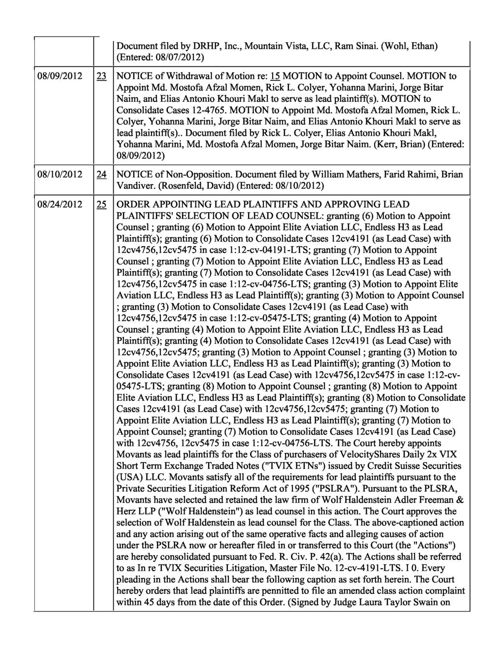 Document filed by DRHP, Inc., Mountain Vista, LLC, Ram Sinai. (Wohl, Ethan) (Entered: 08/07/2012) 08/09/2012 23 NOTICE of Withdrawal of Motion re: 15 MOTION to Appoint Counsel. MOTION to Appoint Md.