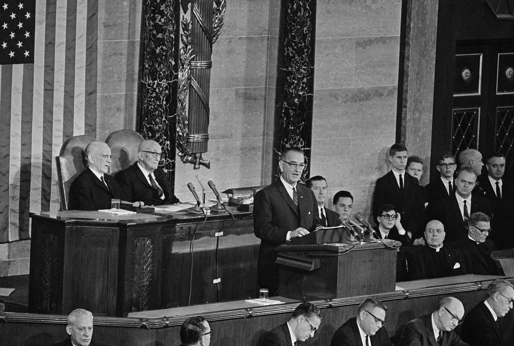 ASSOCIATED PRESS President Lyndon B. Johnson declares a War on Poverty in his State of the Union address on January 8, 1964.