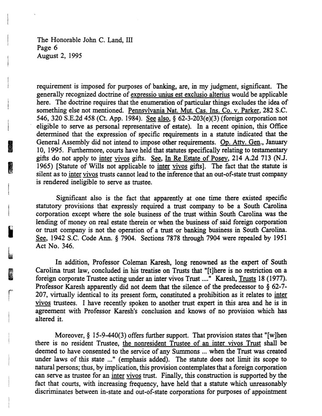 The Honorable John C. Land, Page 6 i b r! requirement is imposed for purposes of banking, are, in my judgment, significant.