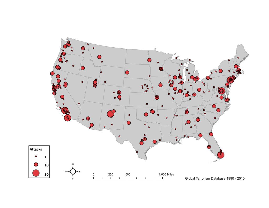 Figure 2. Geographic Concentration of Terrorist Attacks in the U.S., 1990 2010 Out of the 581 attacks experienced from 1990 to 2010, a quarter of all attacks took place in just 10 counties.