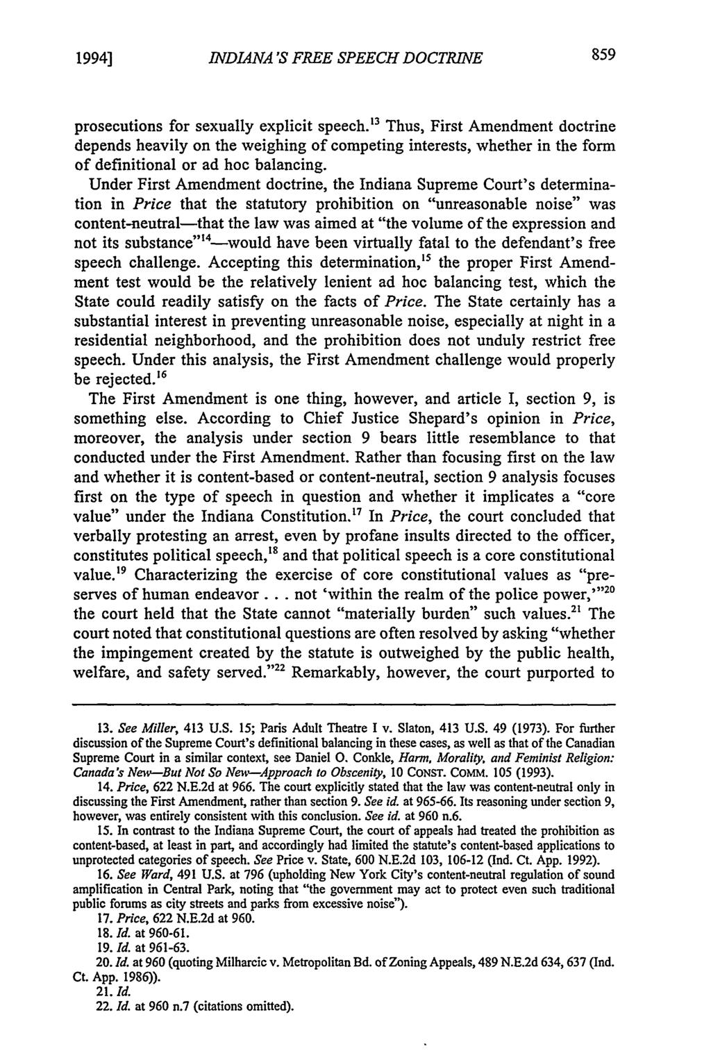 1994] INDIANA'S FREE SPEECH DOCTRINE prosecutions for sexually explicit speech.