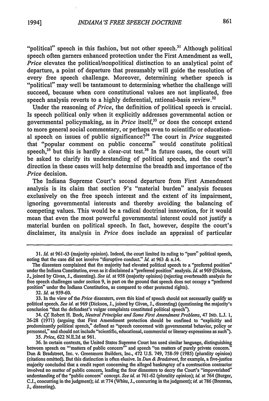 1994] INDIANA'S FREE SPEECH DOCTRINE "political" speech in this fashion, but not other speech.