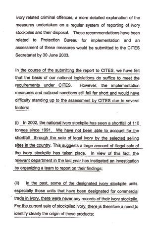 The document, in the form of a letter from the Director of the Chinese Management Authority s Division of Law Enforcement and Training, reveals a stunning failure by China to comply with CITES ivory