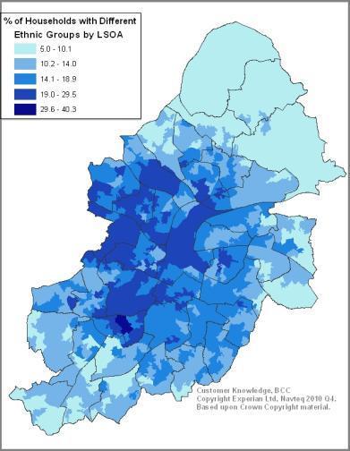 Birmingham has seen an increase in the number of households with different ethnic groups living in a household.