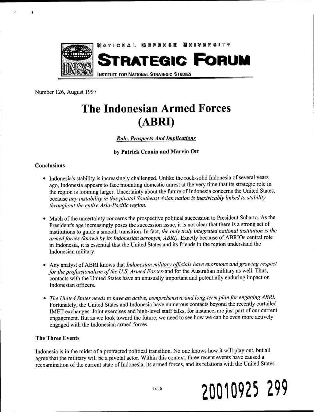 M & T 0 CS Ä Q= g P S Bfl S Qj) M D W I ß D "ff V STRATEGIC FORUM INSTITUTE FOR NATIONAL STRATEGIC STUDIES Number 126, August 1997 Conclusions The Indonesian Armed Forces (ABRI) Role.