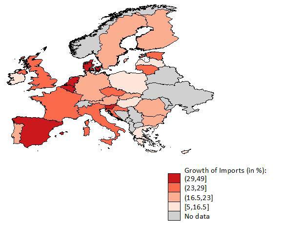 Figure 52: Change (%) of EU exports to Korea Source: Ifo Trade Model. Figure 53: Change (%) of EU Member State imports from Korea Source: Ifo Trade Model.