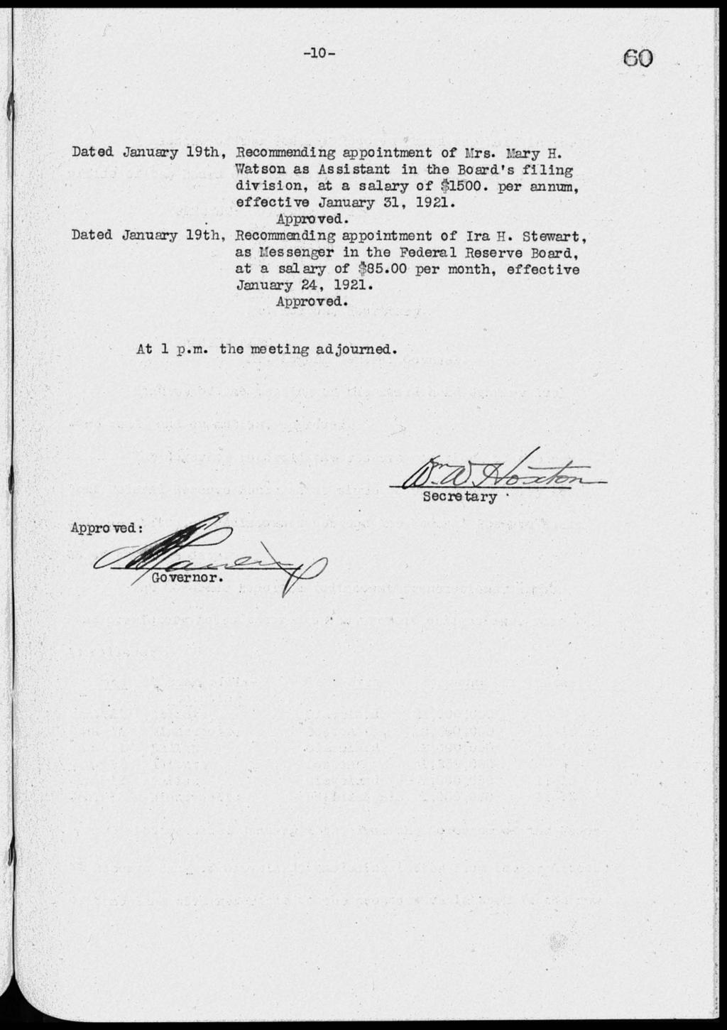 Dated January 19th, Recommending appointment of :7rs. Lary H. Watson as Assistant in the Board's filing division, at a salary of.,1500. per annum, effective January 31, 1921.