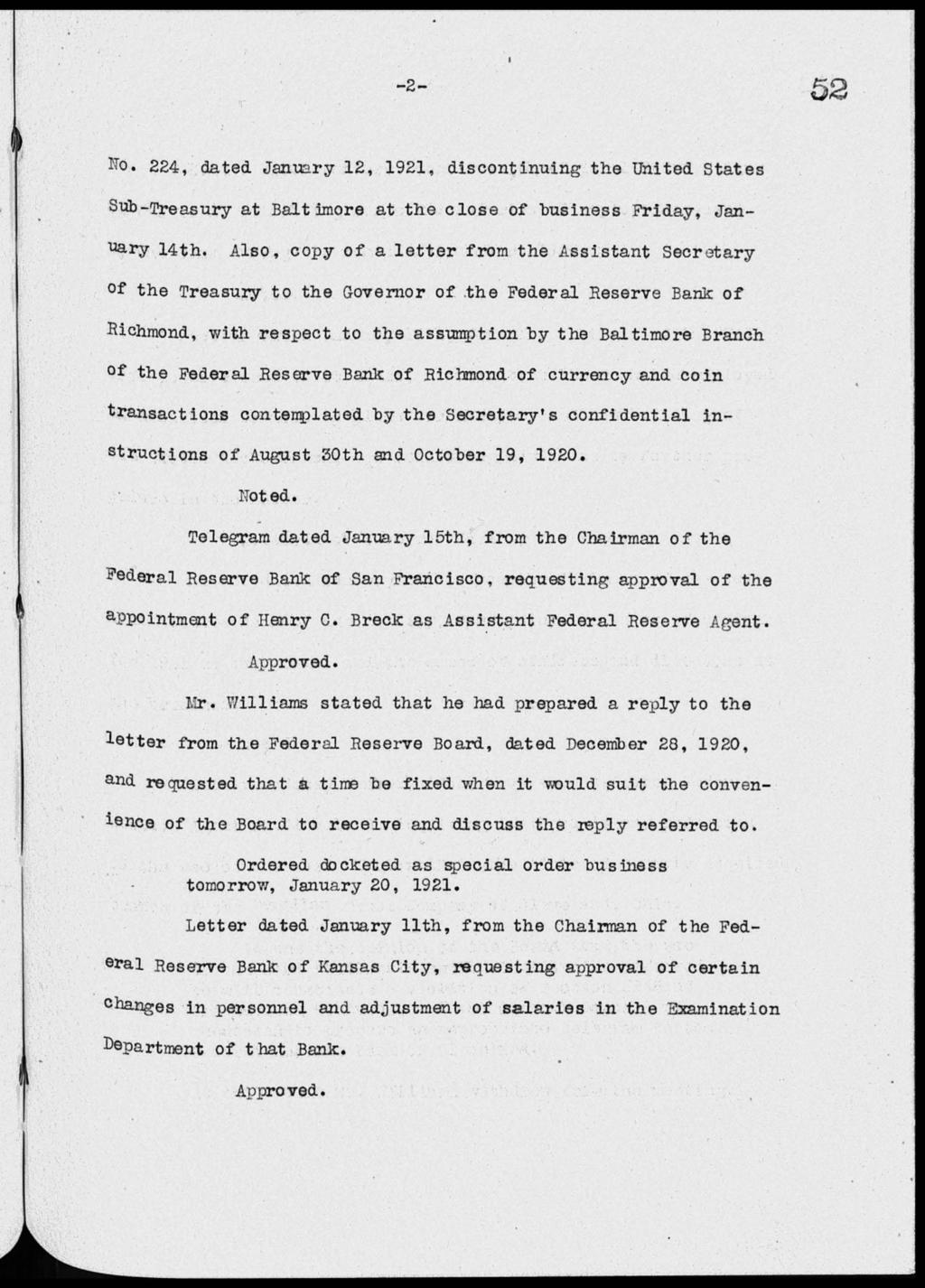 -2-52 22', dated January 12, 1921, discontinuing the United States Sub-Treasury at Baltimore at the close of business Friday, January 14th.