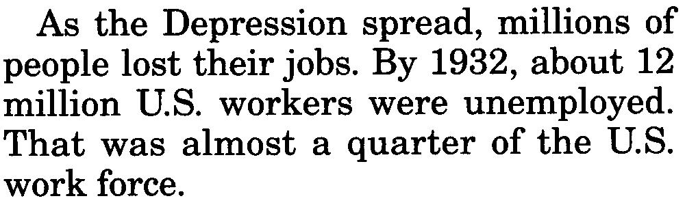1932 Between 1 and 2 million people become homeless. As the Depression spread, millions of people lost their jobs.