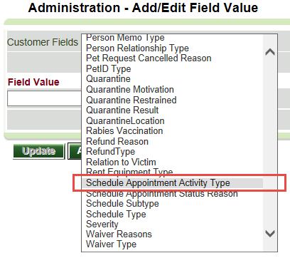 CHANGES TO PETPOINT SCREENS: ADMIN SETUP ADMIN OPTIONS > ADD/EDIT FIELD VALUES A new field value is present for Advanced Scheduling administrators,