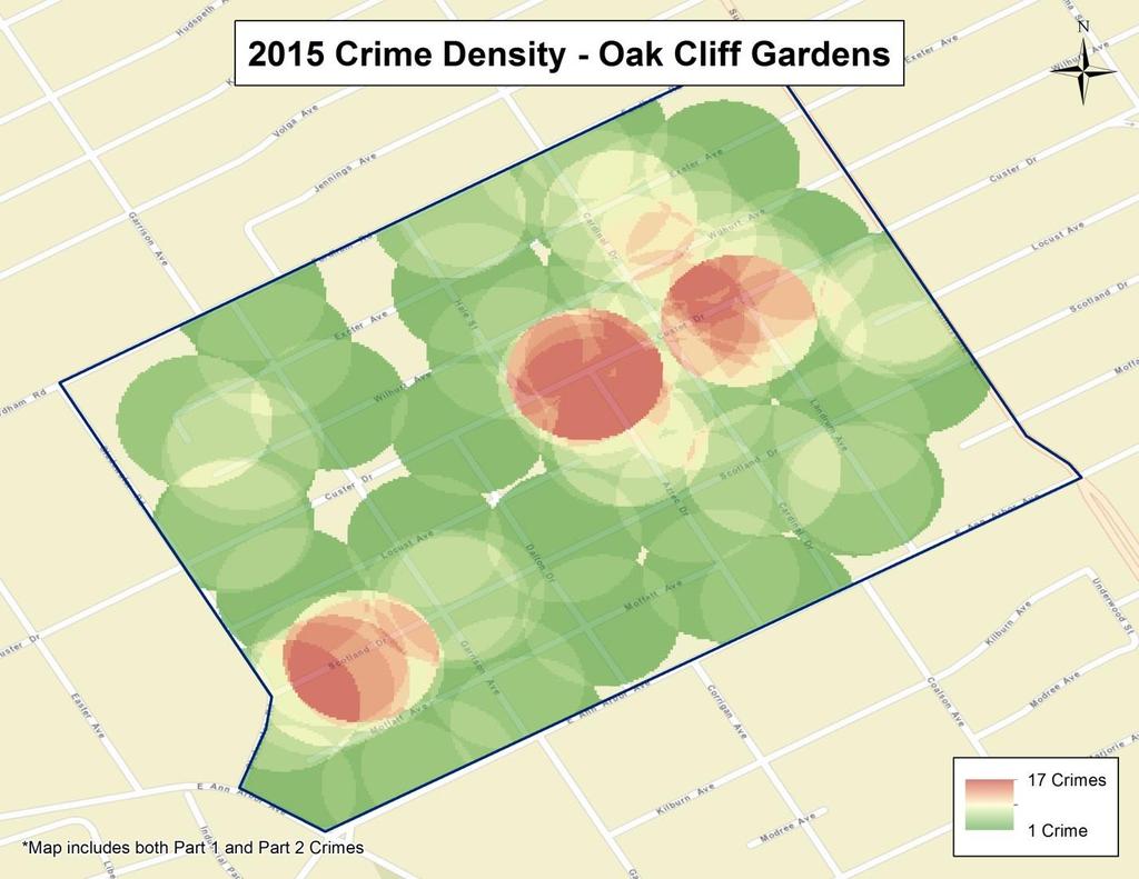 Many crimes mapped in Oak Cliff Gardens involved interfering with child custody, which is not a serious community problem.