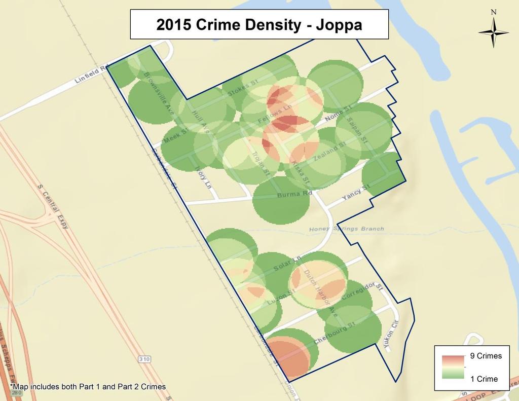 Only 56 publicly available crimes occurred in Joppa, 16 of which were Part 1 (28.6%). Per occupied parcel, this neighborhood saw a Part 1 crime rate of 5.8%.
