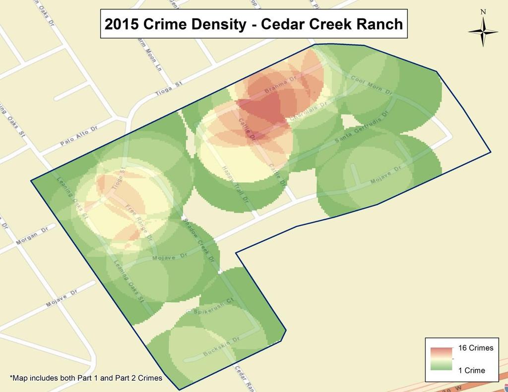 The Cedar Creek Ranch subdivision experienced only 41 crimes, 29 of which were Part 1. Per improved parcel, the Part 1 crime rate was 8.7%.