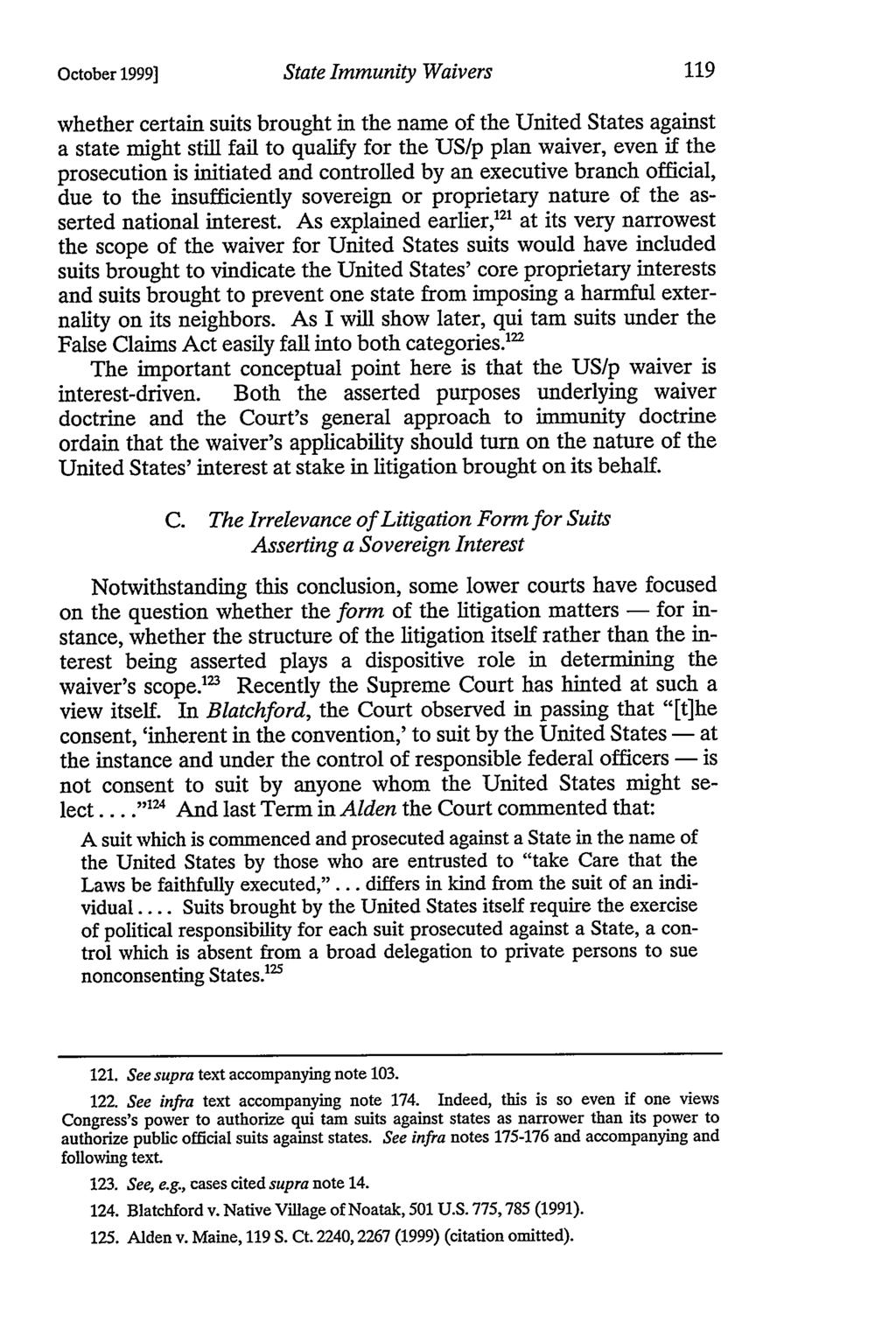 October 1999] State Immunity Waivers whether certain suits brought in the name of the United States against a state might still fail to qualify for the US/p plan waiver, even if the prosecution is