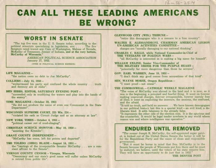 Document 5: The inside of a political flyer that was printed during Joseph McCarthy's reelection campaign of 1952.