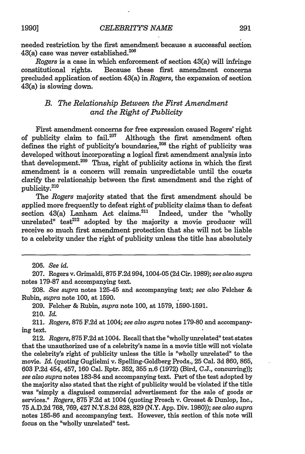 1990] Wawrzyniak: Wawrzyniak: Unauthorized Use of Celebrity's Name CELEBRITY'S NAME needed restriction by the first amendment because a successful section 43(a) case was never established.