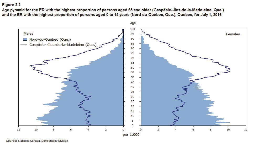 Figure 2.2 draws a parallel between the age pyramids of the two Quebec ERs with the oldest population (Gaspésie Îles-de-la-Madeleine) and the youngest population (Nord-du-Québec).