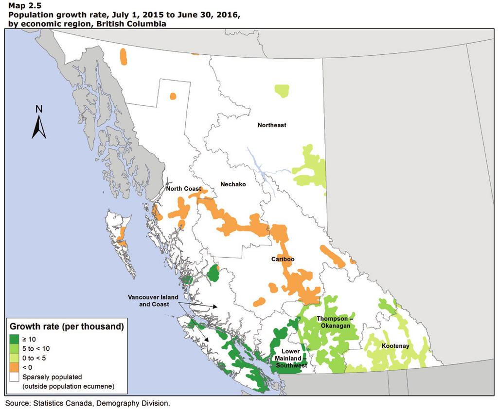 The three ERs in the province that recorded negative growth in 2015/2016 were North Coast, Cariboo and Nechako. The population decrease in the North Coast ER grew significantly, from -0.