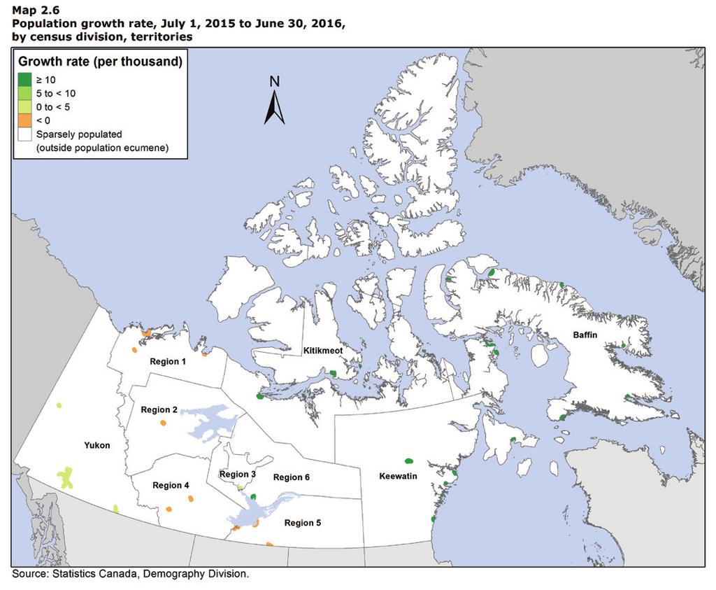 Three CDs in the Northwest Territories recorded population decreases In the territories, three out of 10 CDs recorded significant population decreases. All three were in the Northwest Territories.