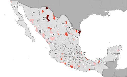 Figure 19: Map of Journalists and Media-Support Workers Killed in Mexico, 2000-2013 Source: Justice in Mexico Memoria dataset. Map generated by Theresa Firestine.