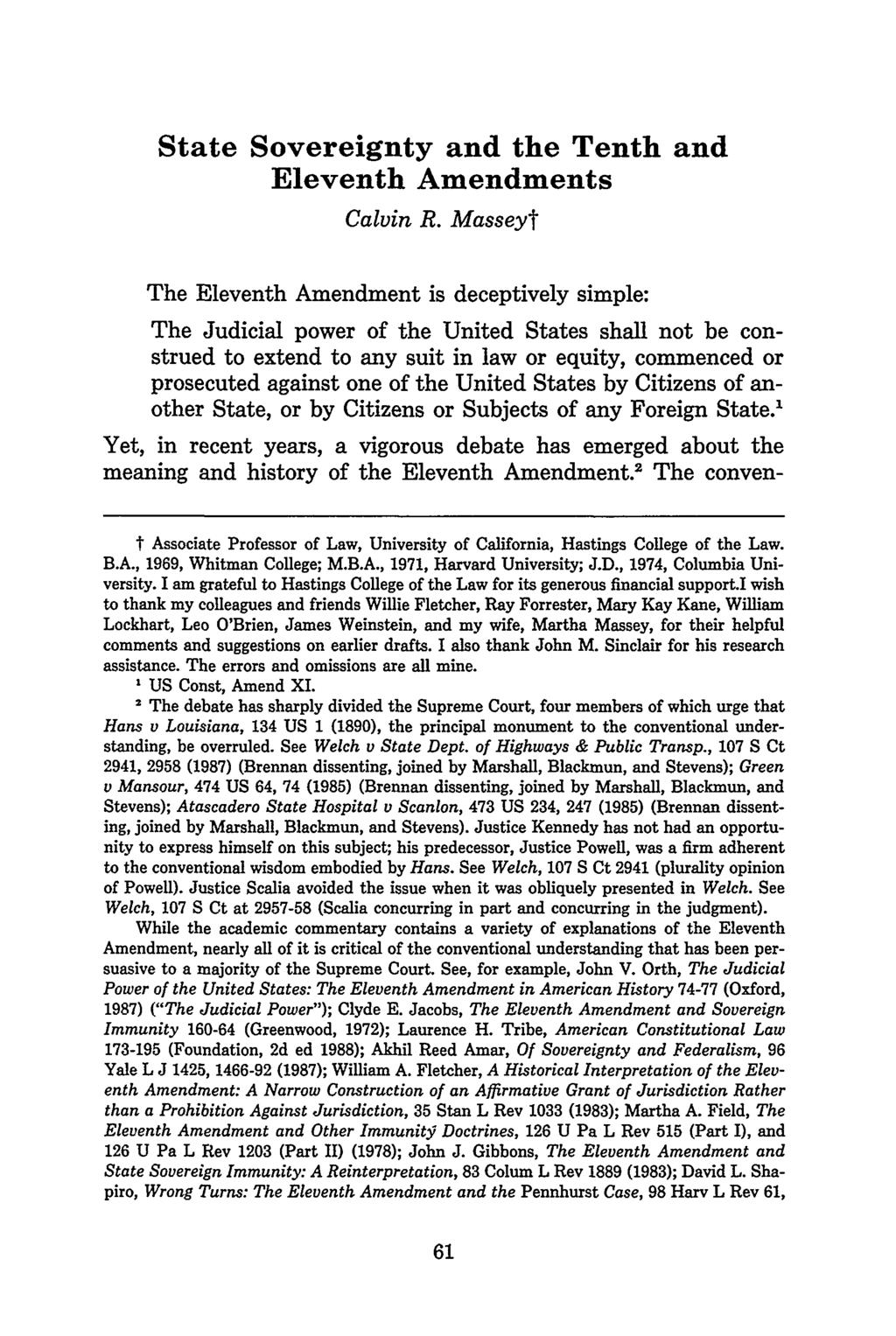 State Sovereignty and the Tenth and Eleventh Amendments Calvin R.