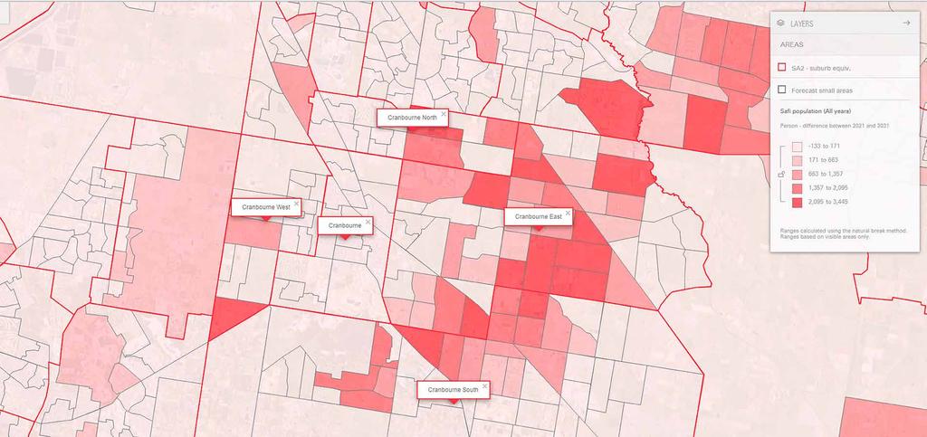 The map shows strong increases in population in Cranbourne West, Cranbourne East, Botanic Ridge and Clyde North in the coming ten years.