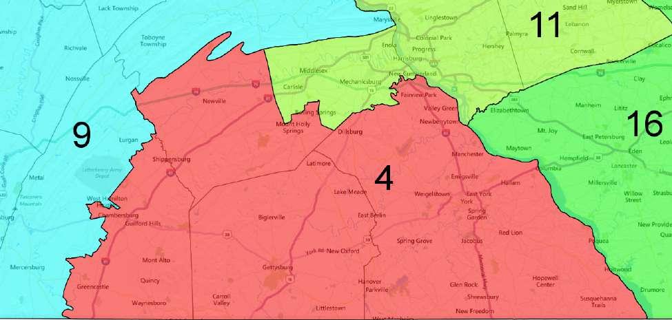 Middleton Township Precinct 3, in order to attain equal population. This district is designed to focus on York County and the Piedmont region of Pennsylvania to its west.