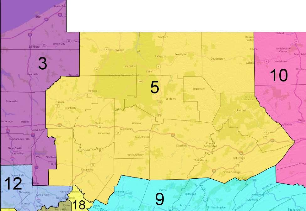 2 and Cherry Township, to attain equal population. District 5 is designed to be relatively rural while remaining compact.