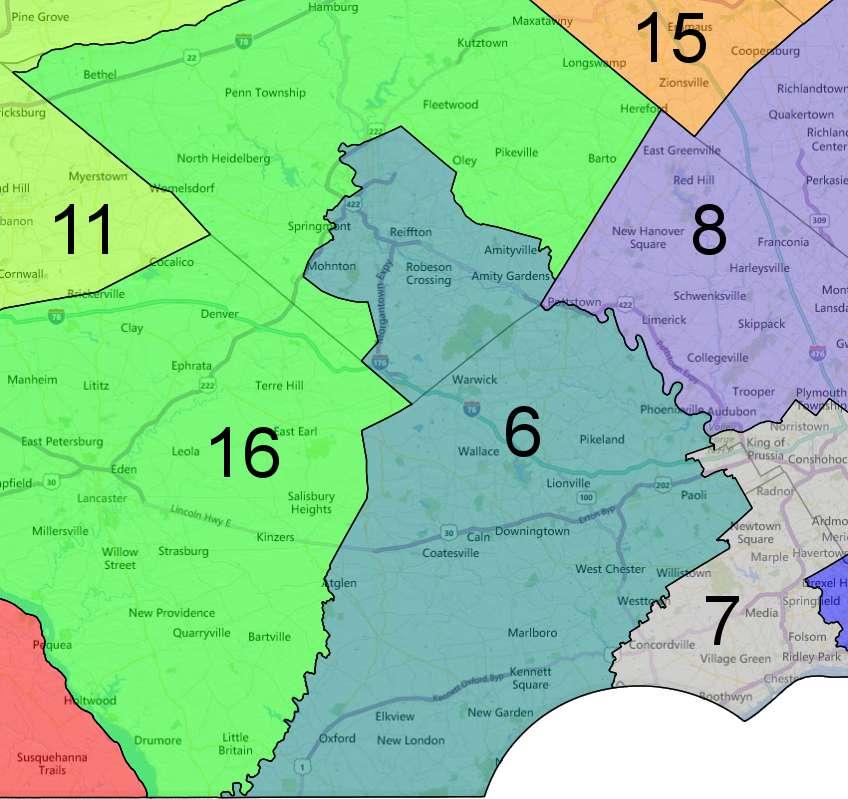 District 6 takes in roughly 88 percent of the residents of suburban Chester County, which was previously divided among three districts under the 2011 Plan, with each district containing a substantial