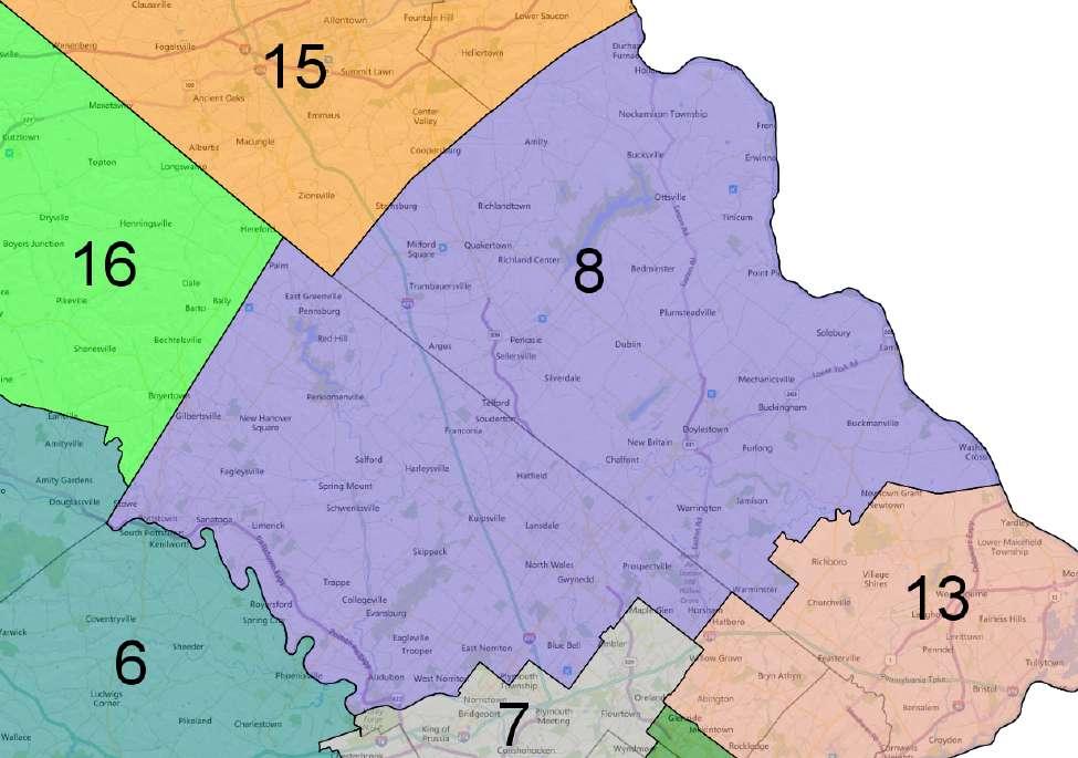 District 8 District 8 is composed of parts of Bucks and Montgomery Counties.