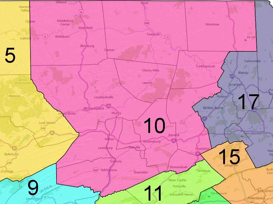 District 10 is designed to cover rural northeastern Pennsylvania outside the urban core of the Wyoming Valley, also known as the Scranton/Wilkes-Barre metropolitan area defined by the Census Bureau