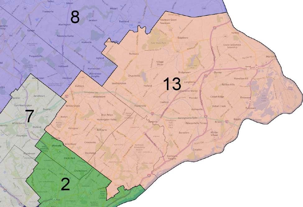 District 13 District 13 consists of parts of Bucks, Montgomery, and Philadelphia Counties.