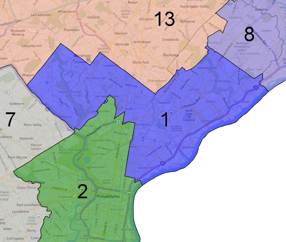 District 1 District 1 is located entirely in part of the city of Philadelphia.