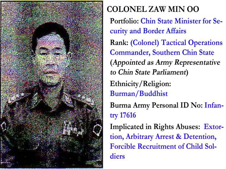 C. Impunity and accountability Colonel Zaw Min Oo, one of the six ethnic Burman military appointees to the Chin State Legislature, was made Minister of Security and Border Affairs, despite being