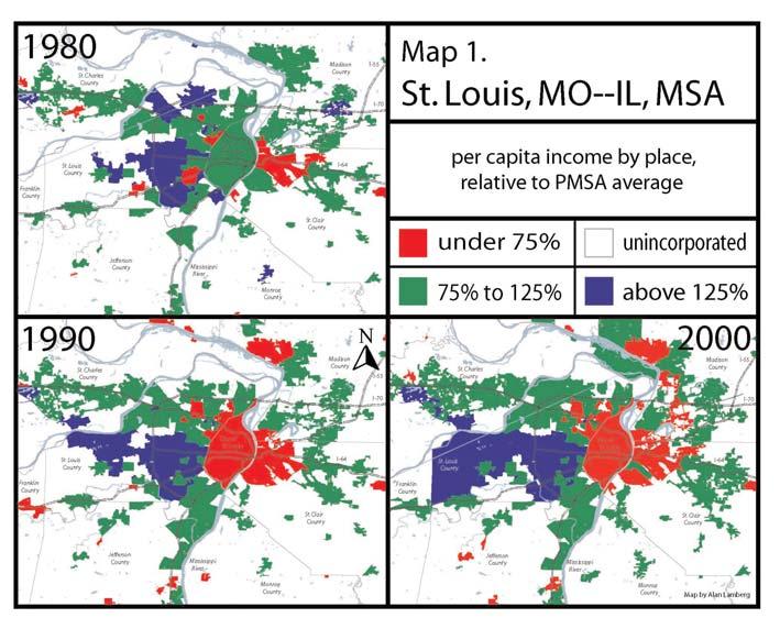 examined St. Louis, MO, as a case study of the spatial nature of metropolitan economic segregation (Map 1).
