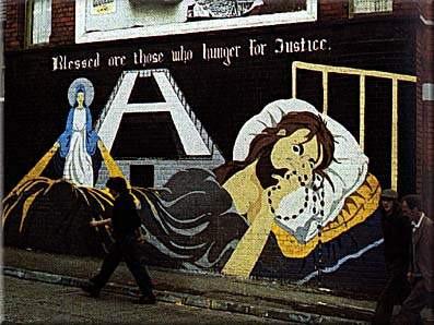 The Writing on The Wall: The Significance of Murals in the Northern Ireland Conflict Figure 4: Republican mural on Rockmount Steet, Belfast (1981): Blessed are those who hunger for justice 40