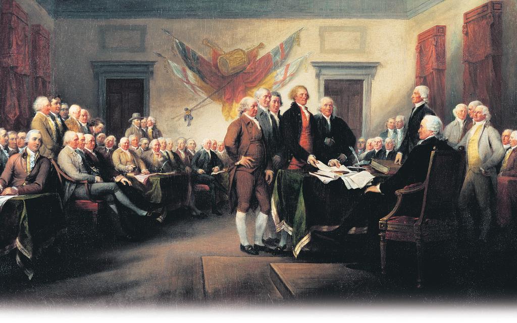 The Declaration of Independence is presented for adoption to the Continental Congress by John Adams, Roger Sherman, Robert Livingston, Thomas Jefferson, and Benjamin Franklin (left to right).
