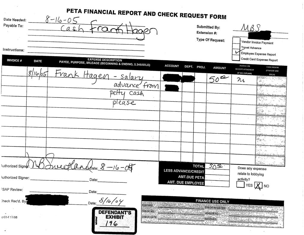 SAP Review Date Case 1:03-cv-02006-EGS Document 460-8 Filed 03/09/09 Page 1 of 34 PETA FINANCIAL REPORT AND CHECK REQUEST FORM Date Needed Payable To Submitted By Extension Type Of Request Vendor