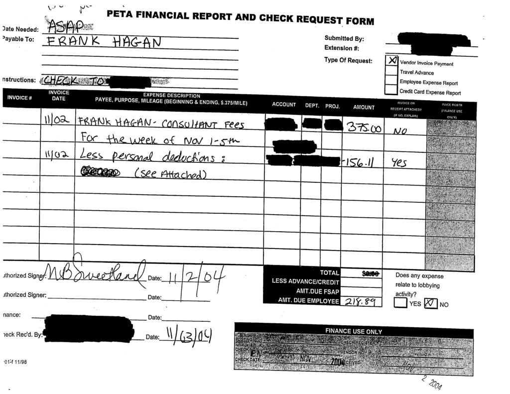 ate Needed ayable To PETA Case FINANCIAL 1:03-cv-02006-EGS REPORT Document AND 460-8 Filed 03/09/09 Page 22 of 34 CHECK REQUEST FORM th4 Submitted By Extension Type Of Request