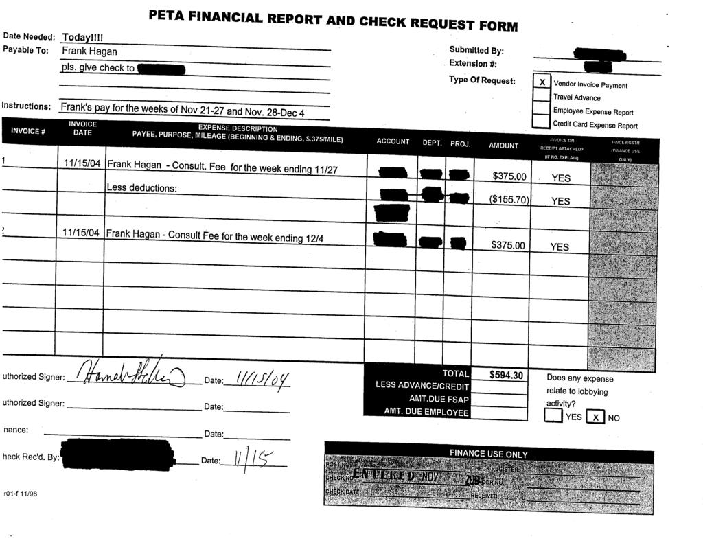 PETA Case FINANCIAL 1:03-cv-02006-EGS REPORT Document AND460-8 CHECK Filed REQUEST 03/09/09 Page 27 of 34 FORM Date Needed Todayllll Payable To Frank Hagan pis.