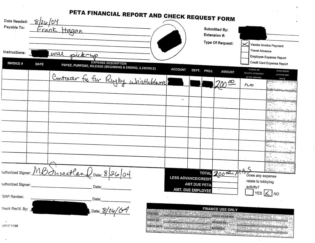Case 1:03-cv-02006-EGS Document 460-8 Filed 03/09/09 Page 3 of 34 PETA FINANCIAL REPORT AND CHECK REQUEST FORM Date Needed Payable To Submitted By Extenj0 Instructions Type Of Request I--- Vendor